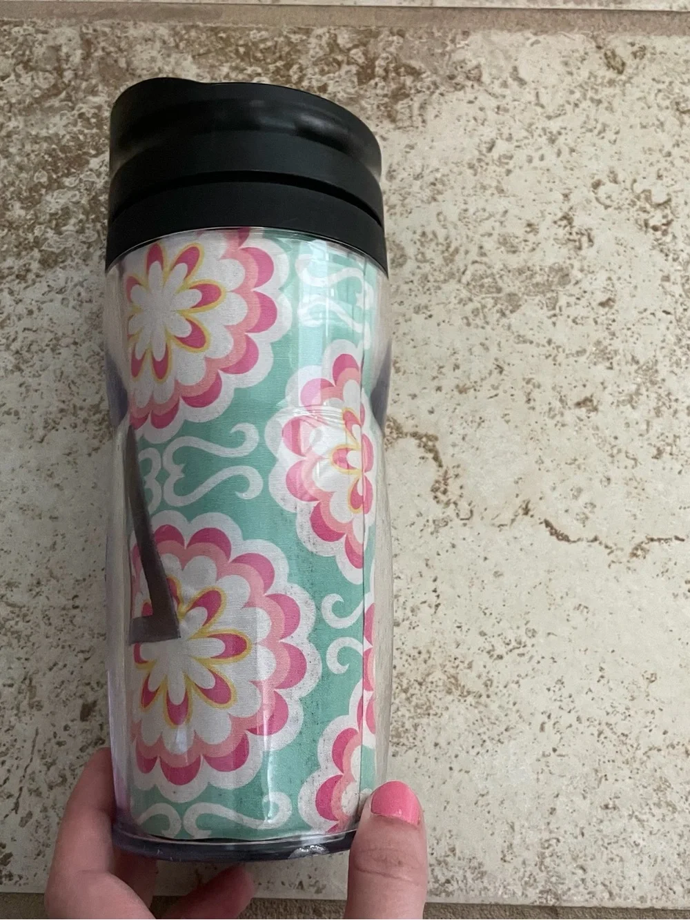 Alpha Gamma, delta, embroidered fabric  Floral Pattern Travel Mug - Pink & Aqua